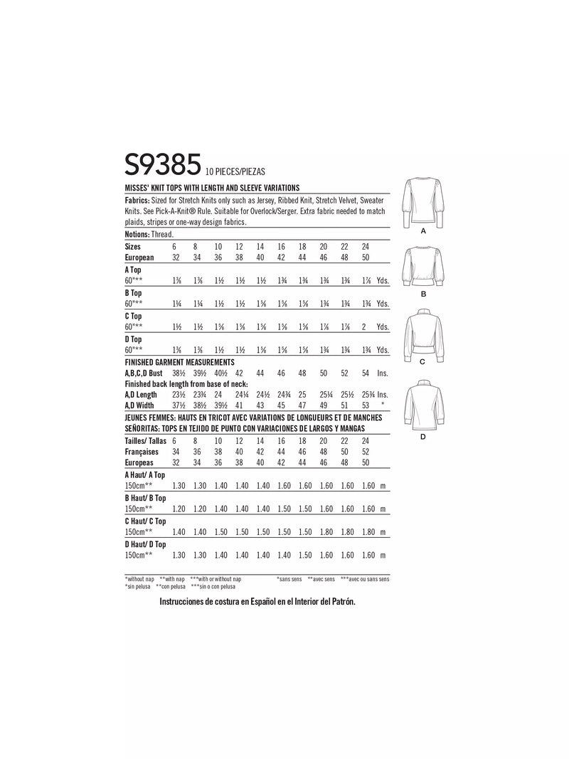 Simplicity sewing pattern women's tops 9385, UK version
