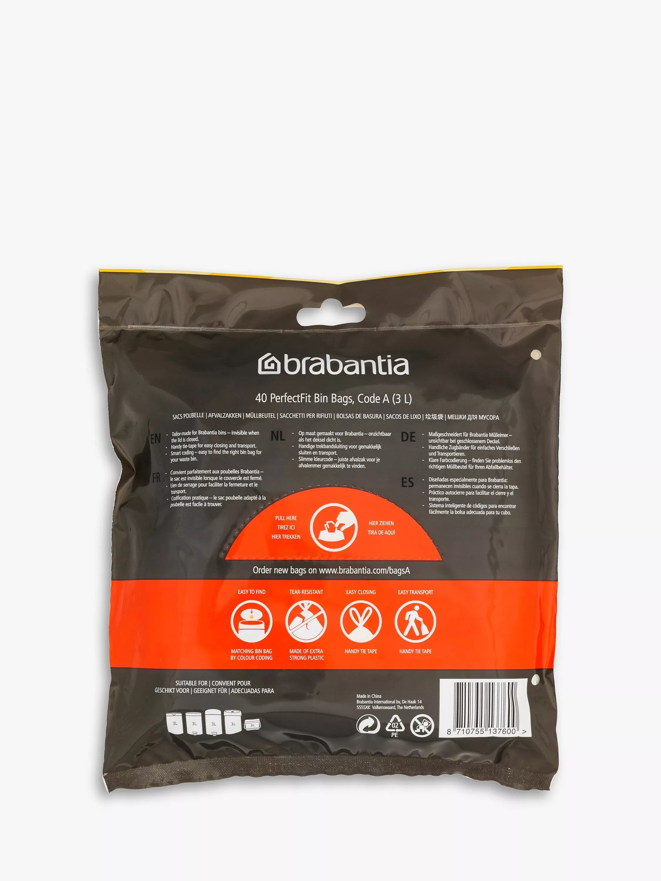 Brabantia PerfectFit Bin Liners Size A 3L Pack of 40 - British product