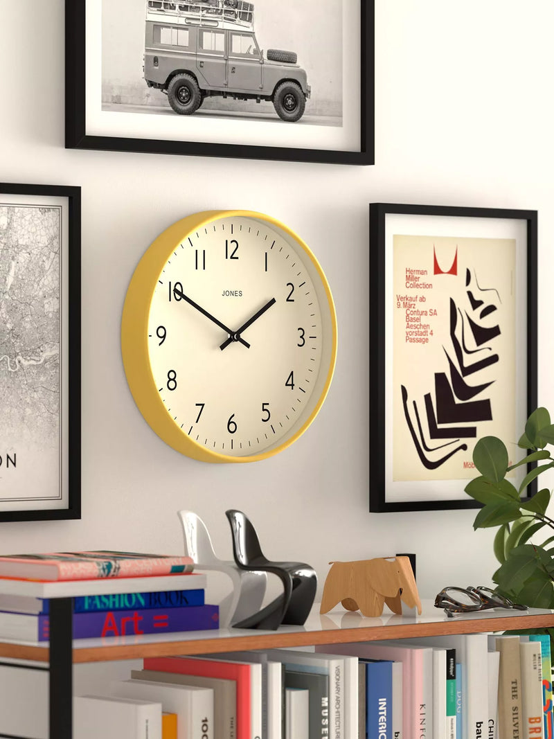 Jones Clocks analogue wall clock in Fizzy Yellow 30cm, UK version