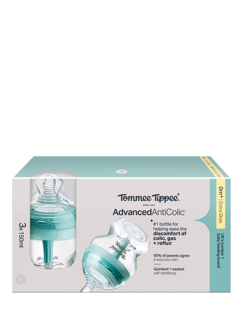 Tommee Tippee Advanced Anti-Colic Baby Bottles with Slow Flow Teats Pack of 3 150ml (British brand)