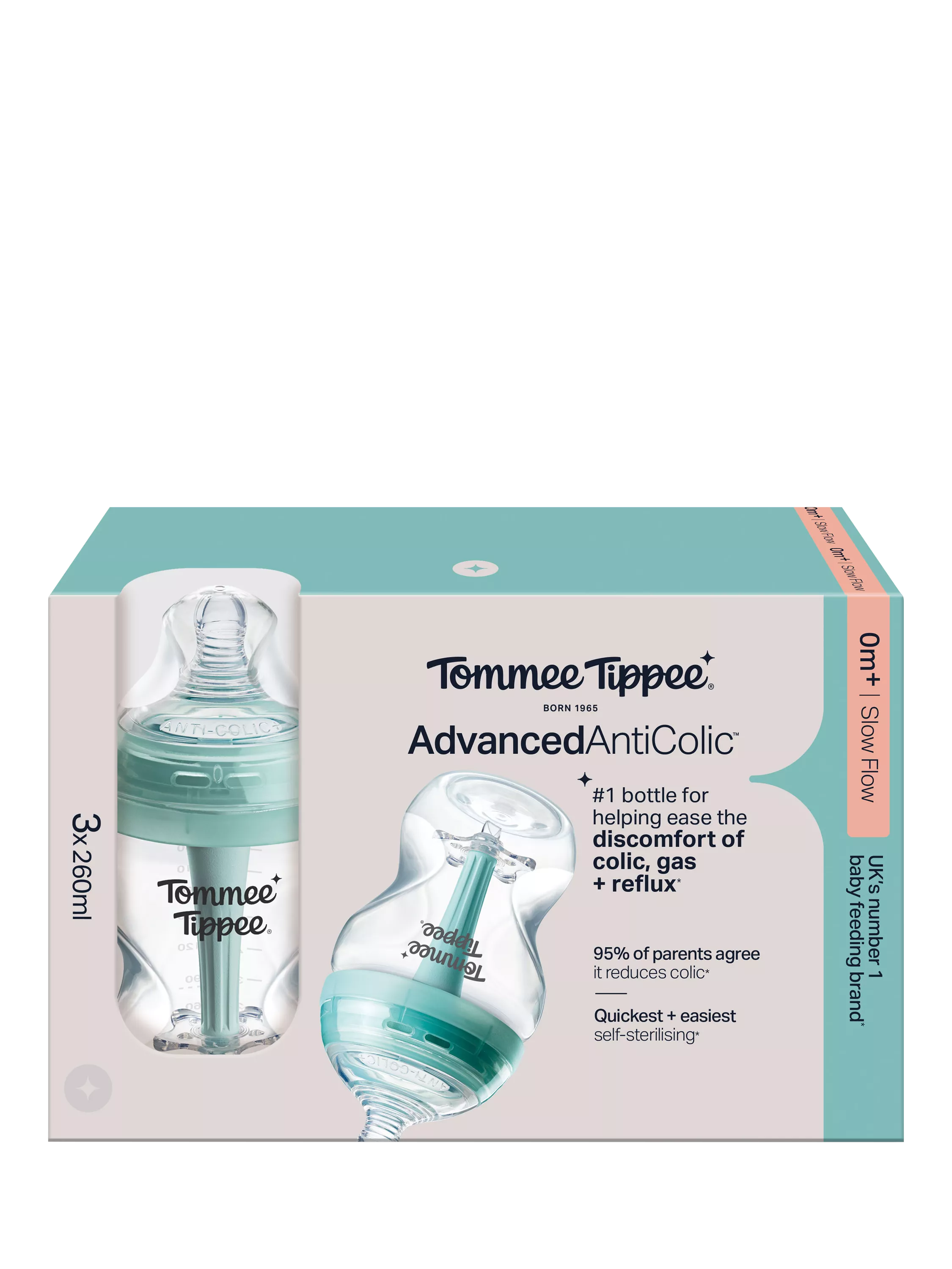 Tommee Tippee Advanced Anti-Colic Baby Bottles with Slow Flow Teats Pack of 3 260ml (British brand)