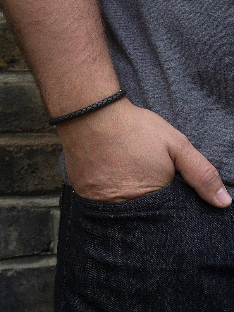 Hoxton London men's braided leather hook bracelet black silver - British product