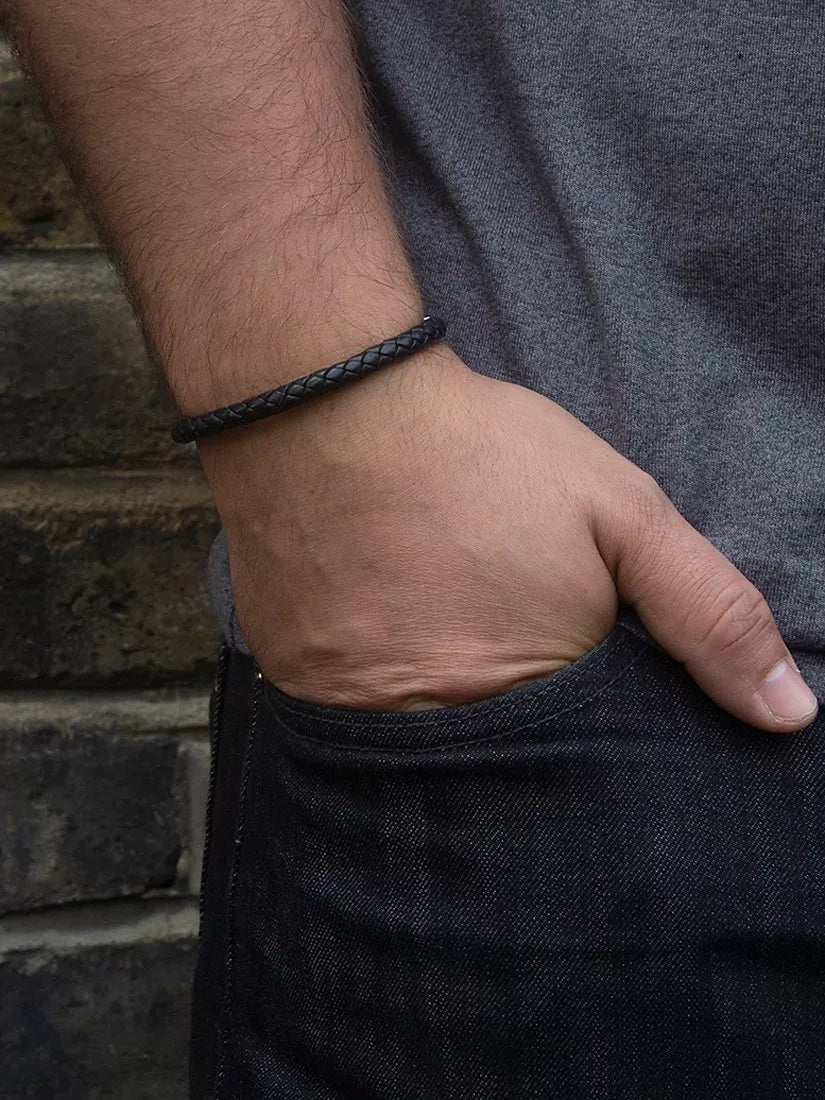 Hoxton London men's braided leather hook bracelet black silver - British product