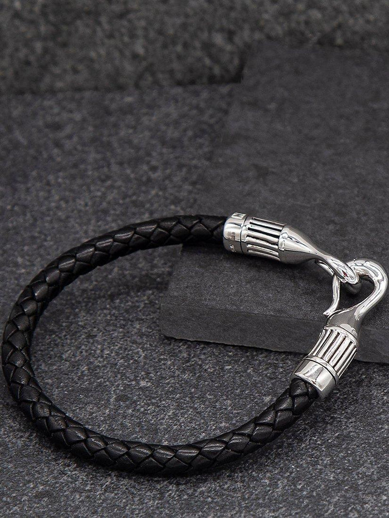Hoxton London men's braided leather hook bracelet black silver - British product
