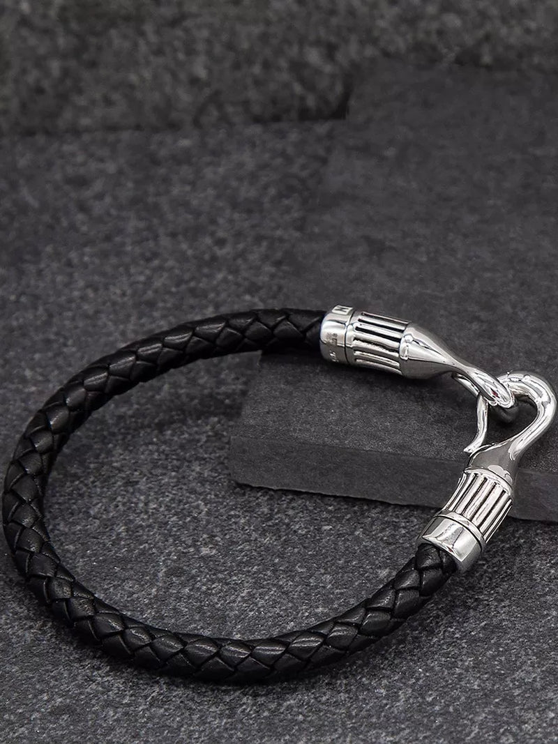 Hoxton London men's braided leather hook bracelet black silver - British product
