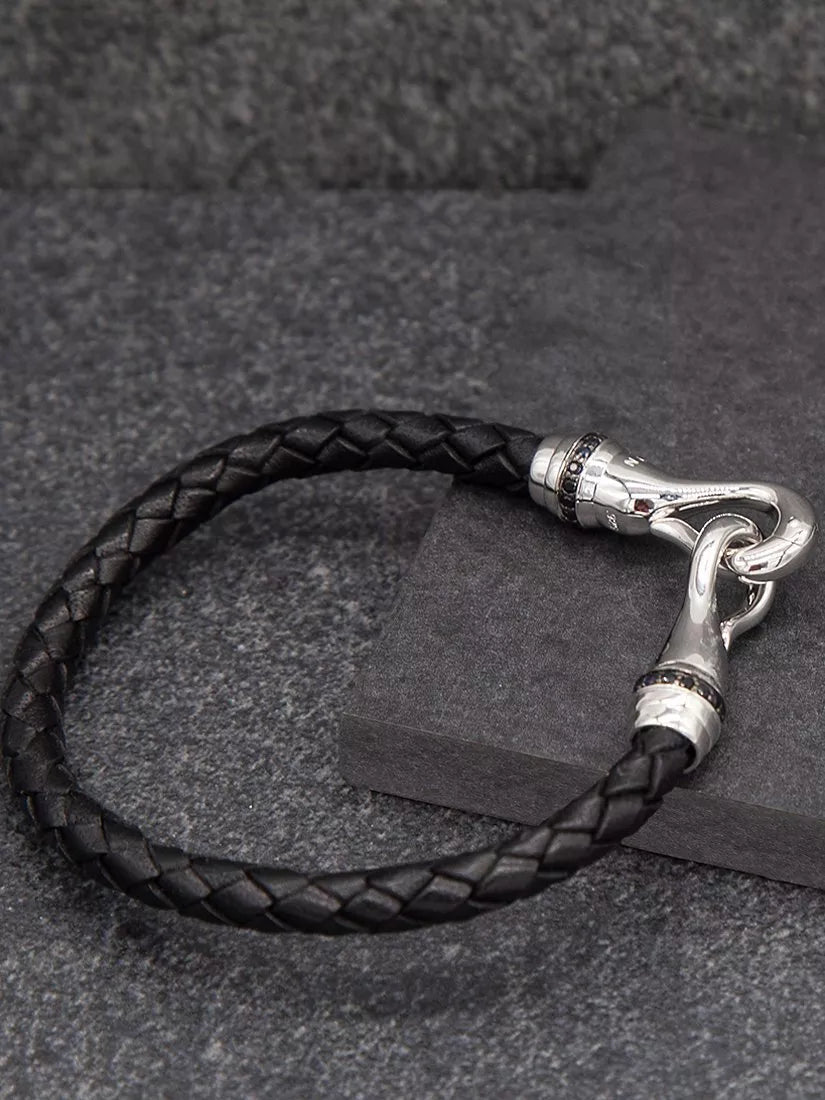 Hoxton London sapphire braided leather hook bracelet black silver - British product
