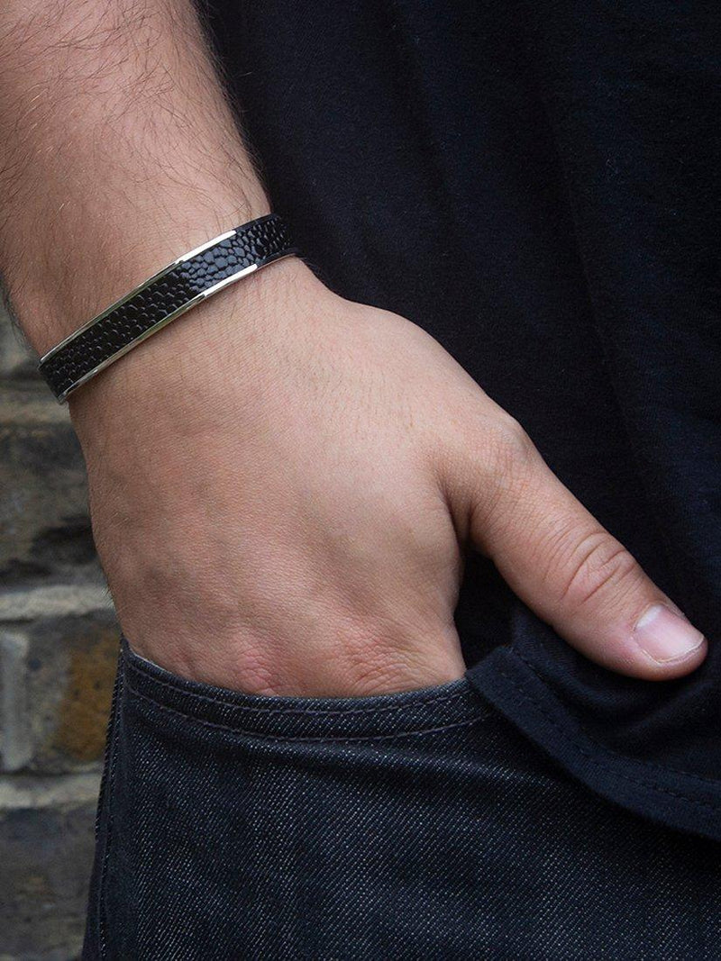 Hoxton London men's cuff bangle with printed leather inlay, imported from the UK
