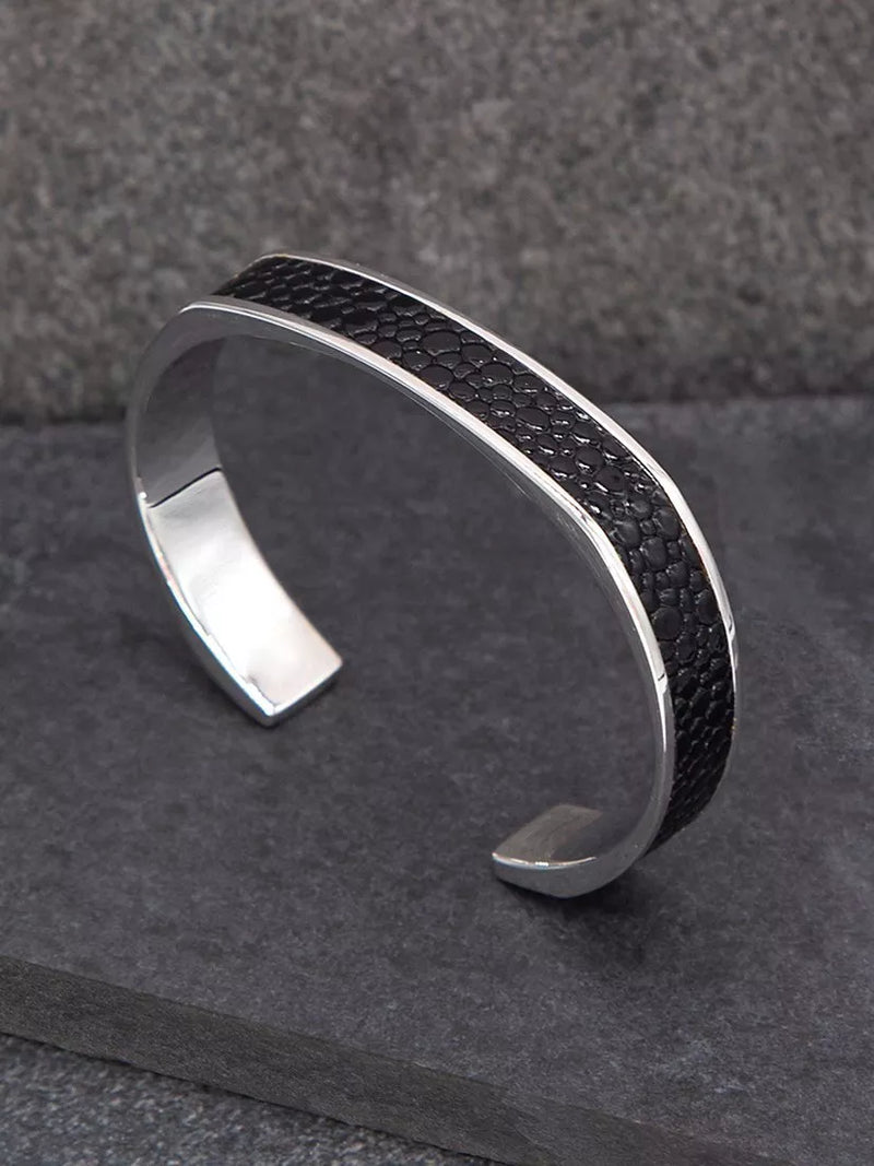 Hoxton London men's cuff bangle with printed leather inlay, imported from the UK