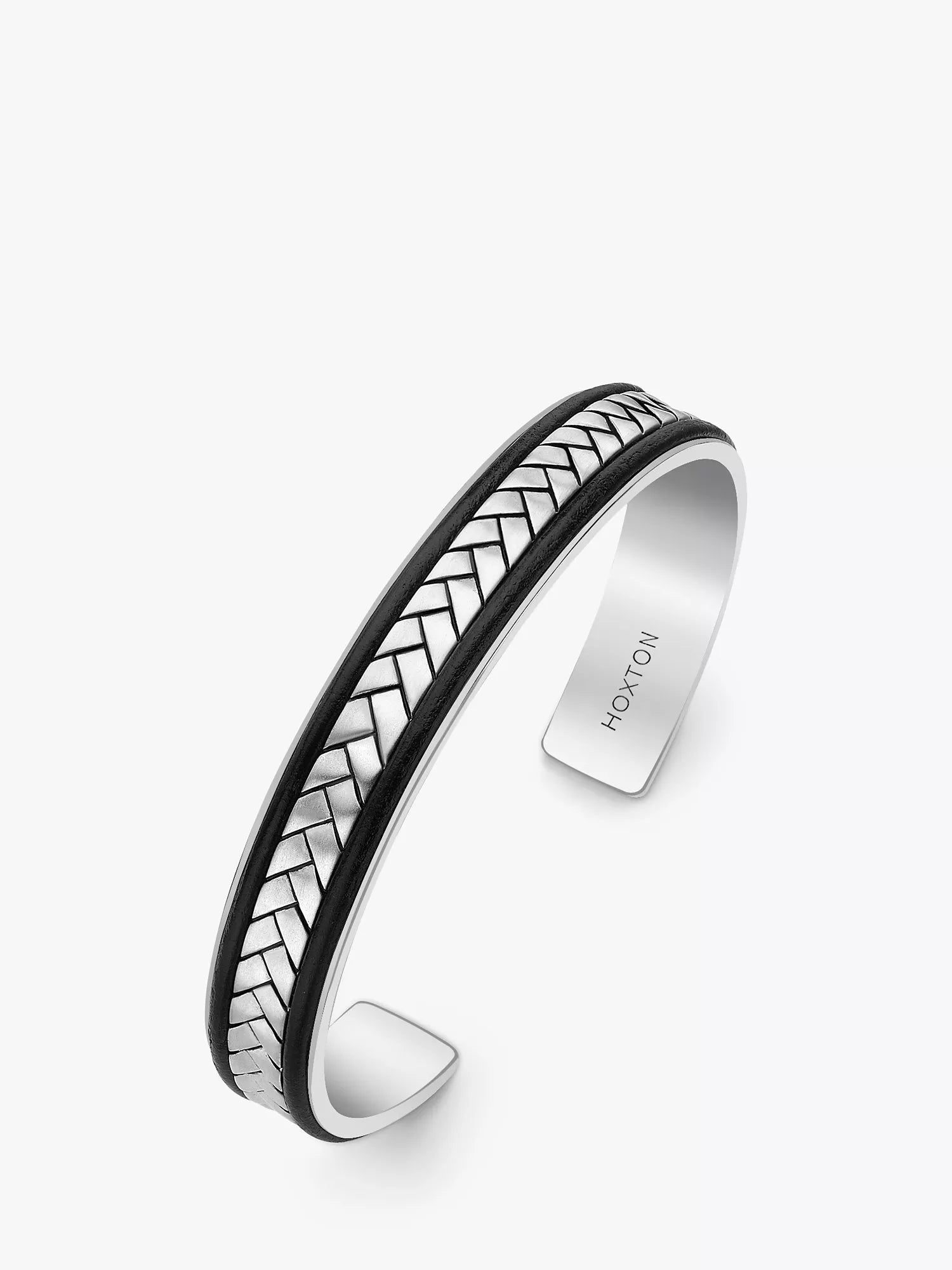 Hoxton London herringbone leather cuff bangle in silver and black, imported from the UK