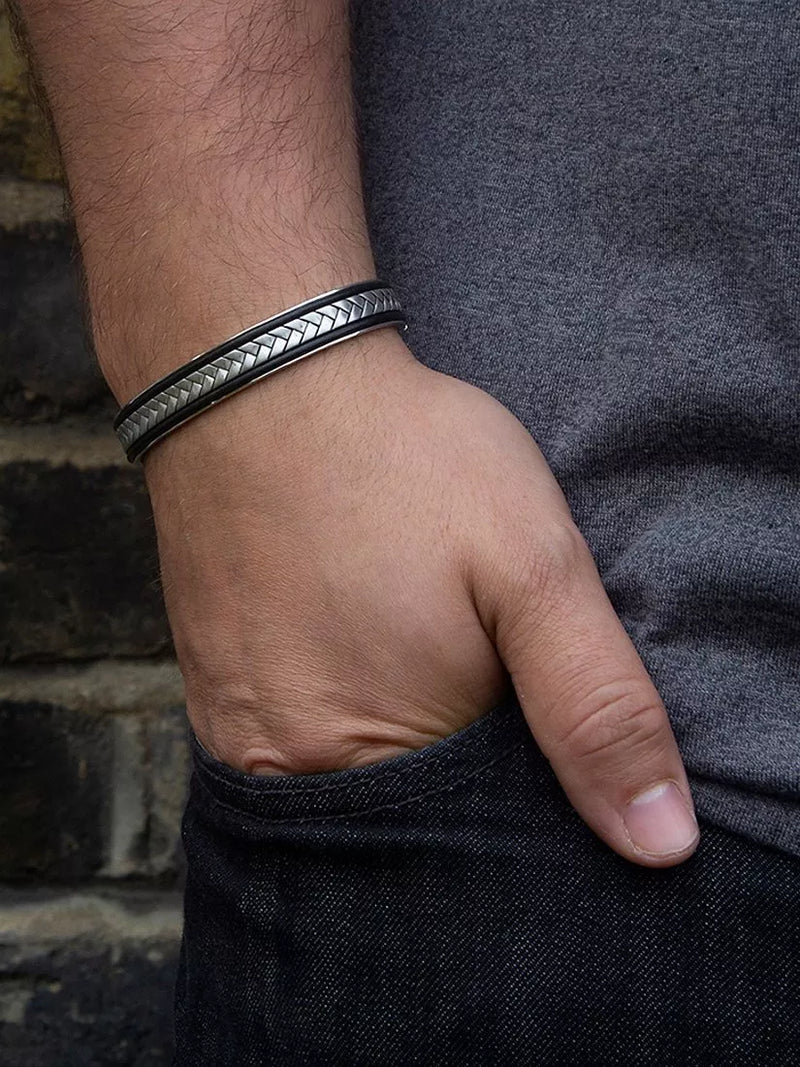 Hoxton London herringbone leather cuff bangle in silver and black, imported from the UK