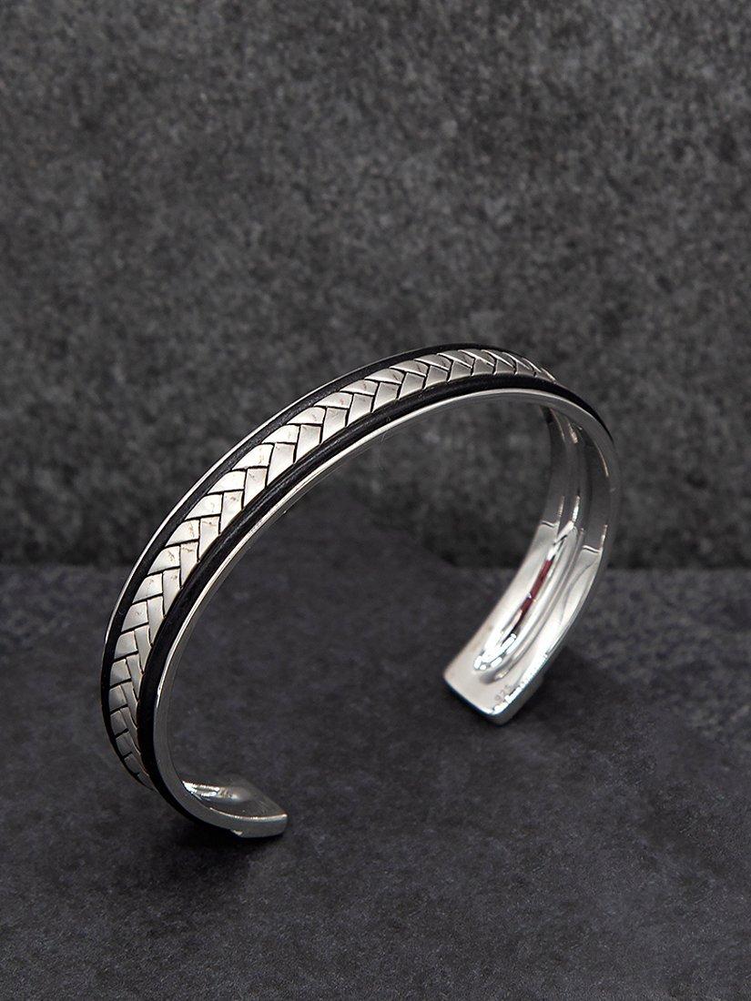 Hoxton London herringbone leather cuff bangle in silver and black, imported from the UK