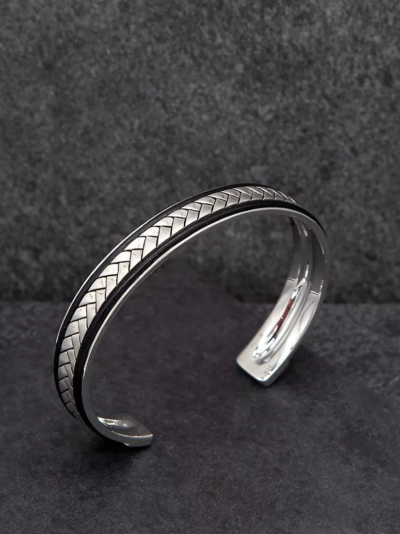 Hoxton London herringbone leather cuff bangle in silver and black, imported from the UK