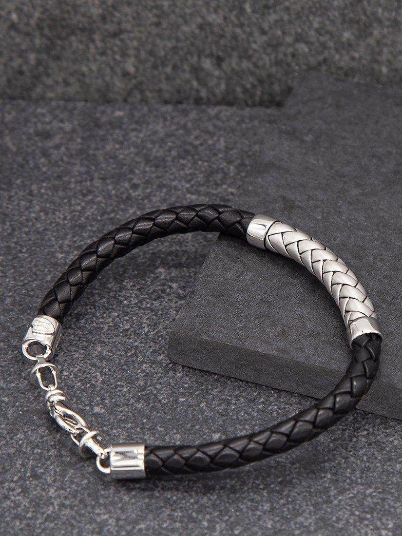 Hoxton London black silver herringbone braided leather bracelet (British brand)