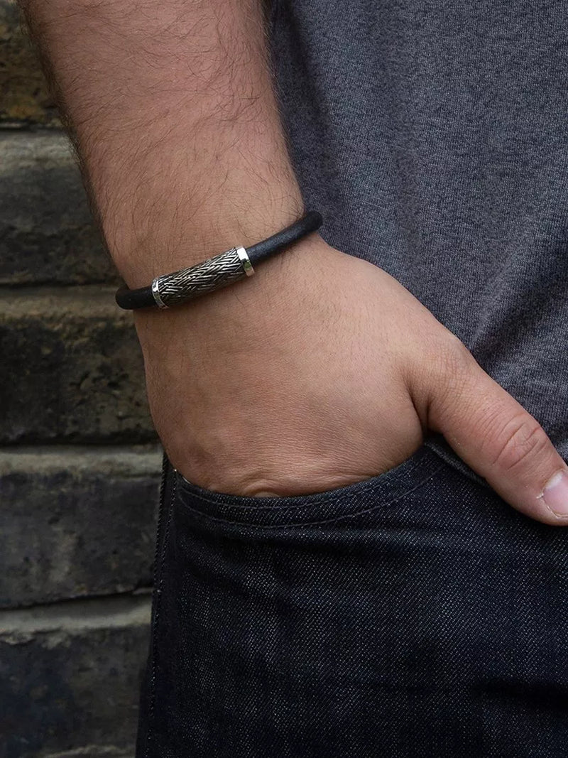 Hoxton London men's woven silver and leather bracelet (British brand)