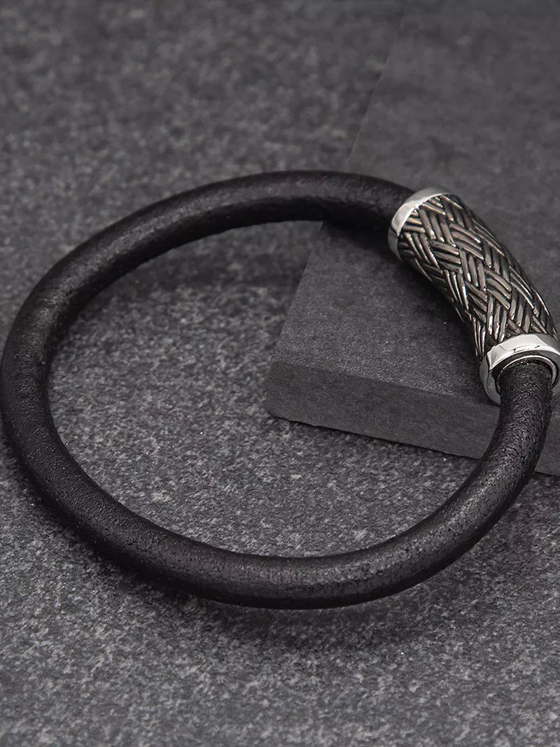 Hoxton London men's woven silver and leather bracelet (British brand)