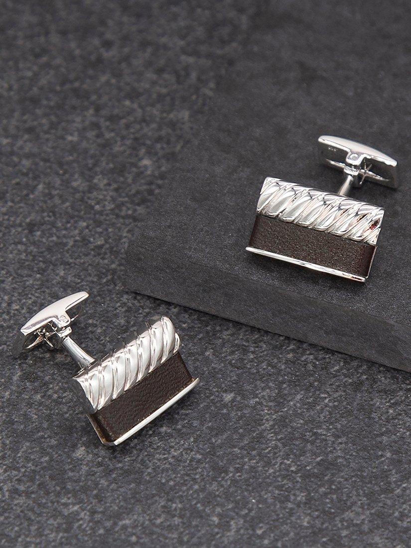 Hoxton London bold leather twist rectangle cufflinks silver black (British brand)