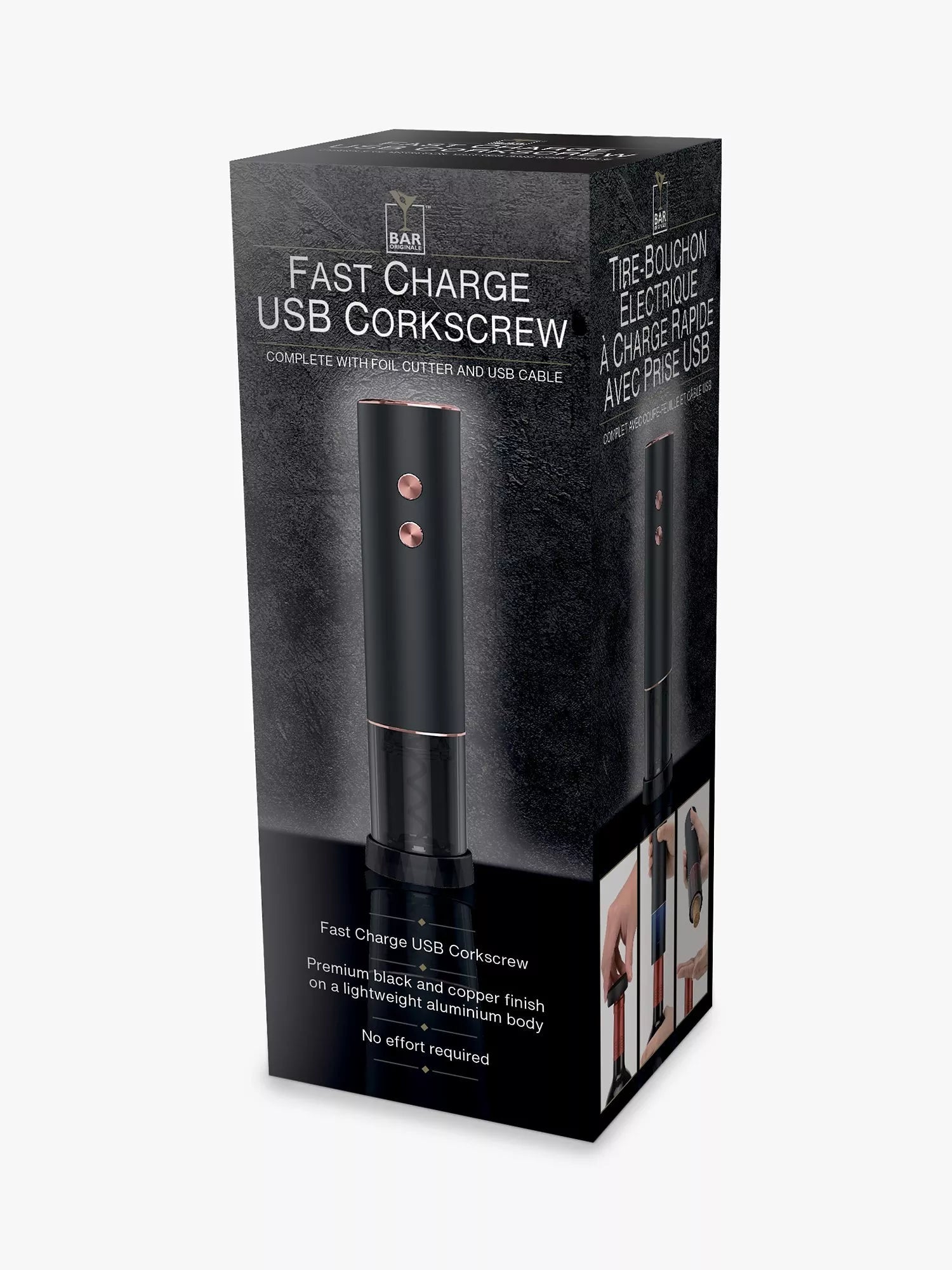 Bar Originale electric corkscrew with USB charging and foil cutter - British product