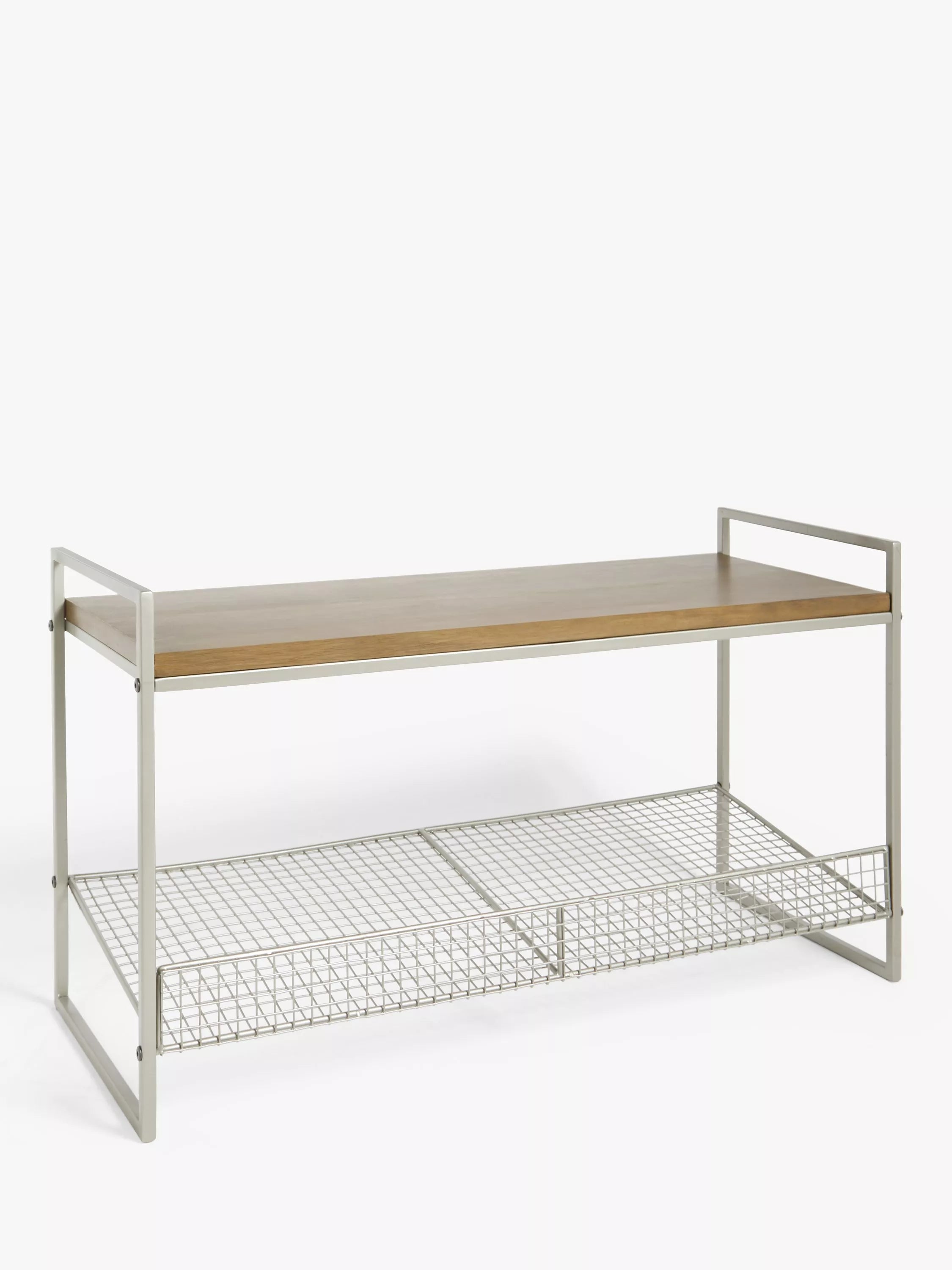 John Lewis shoe rack bench with grey wire mesh and wood top, UK version