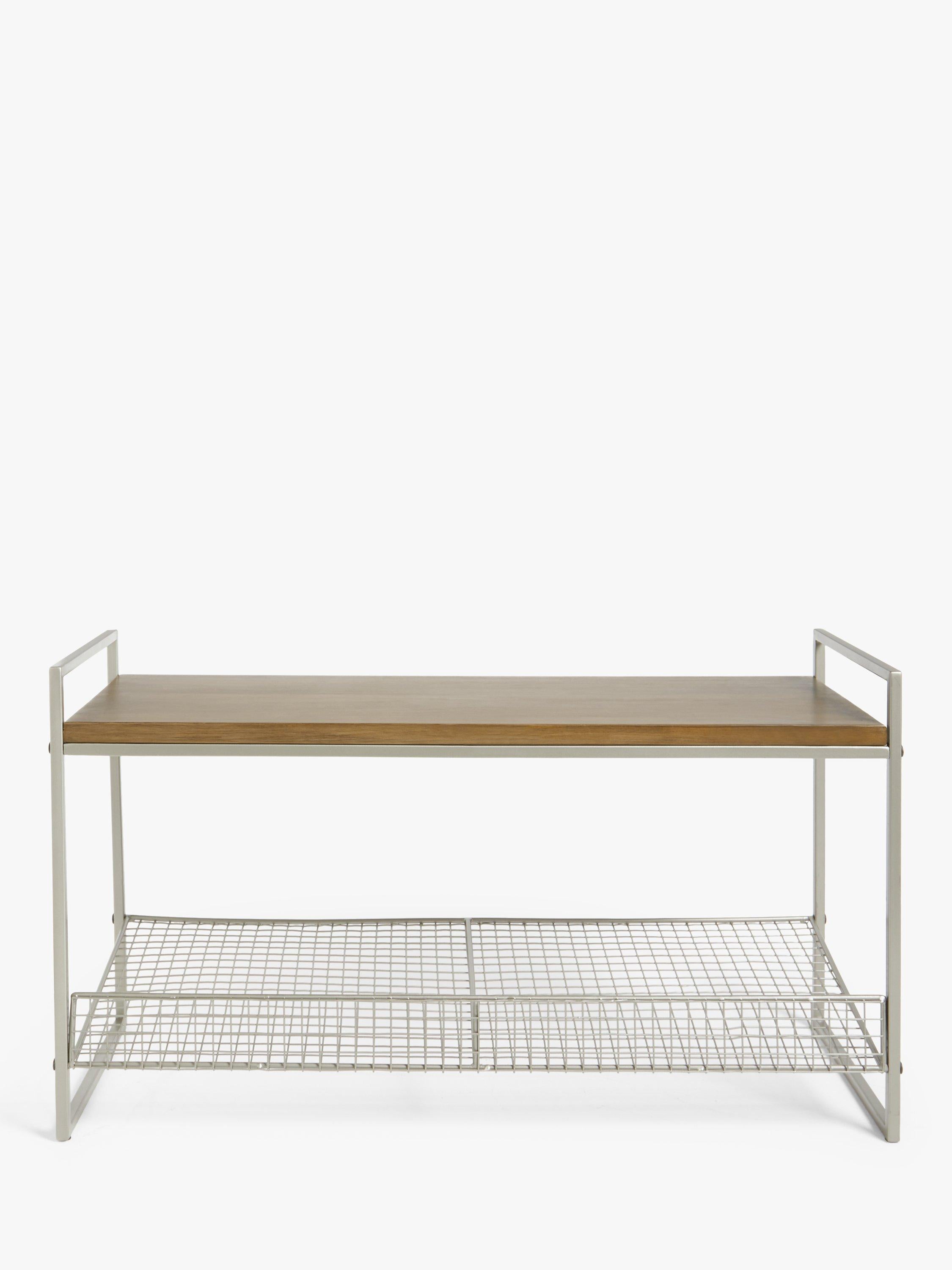 John Lewis shoe rack bench with grey wire mesh and wood top, UK version