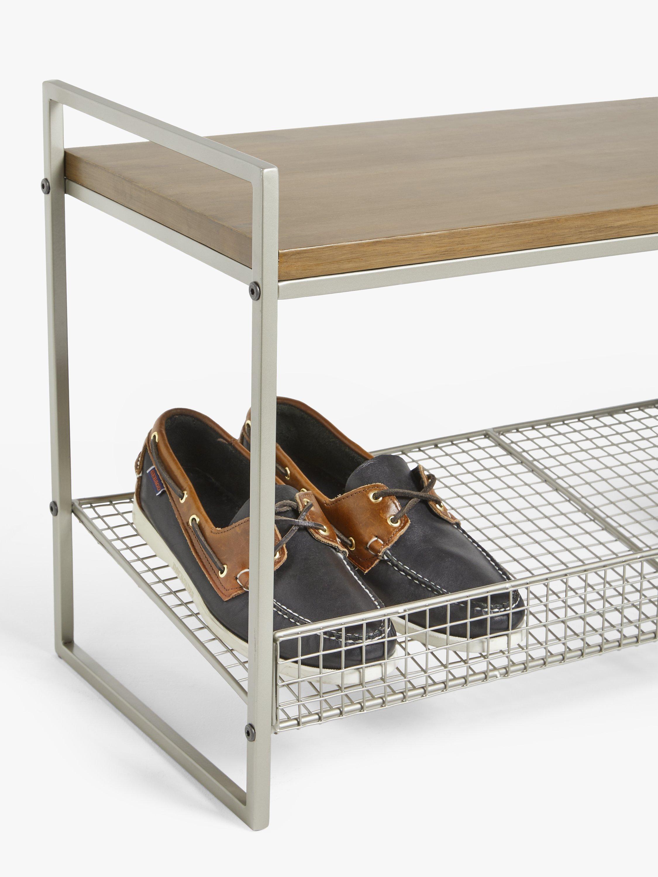 John Lewis shoe rack bench with grey wire mesh and wood top, UK version