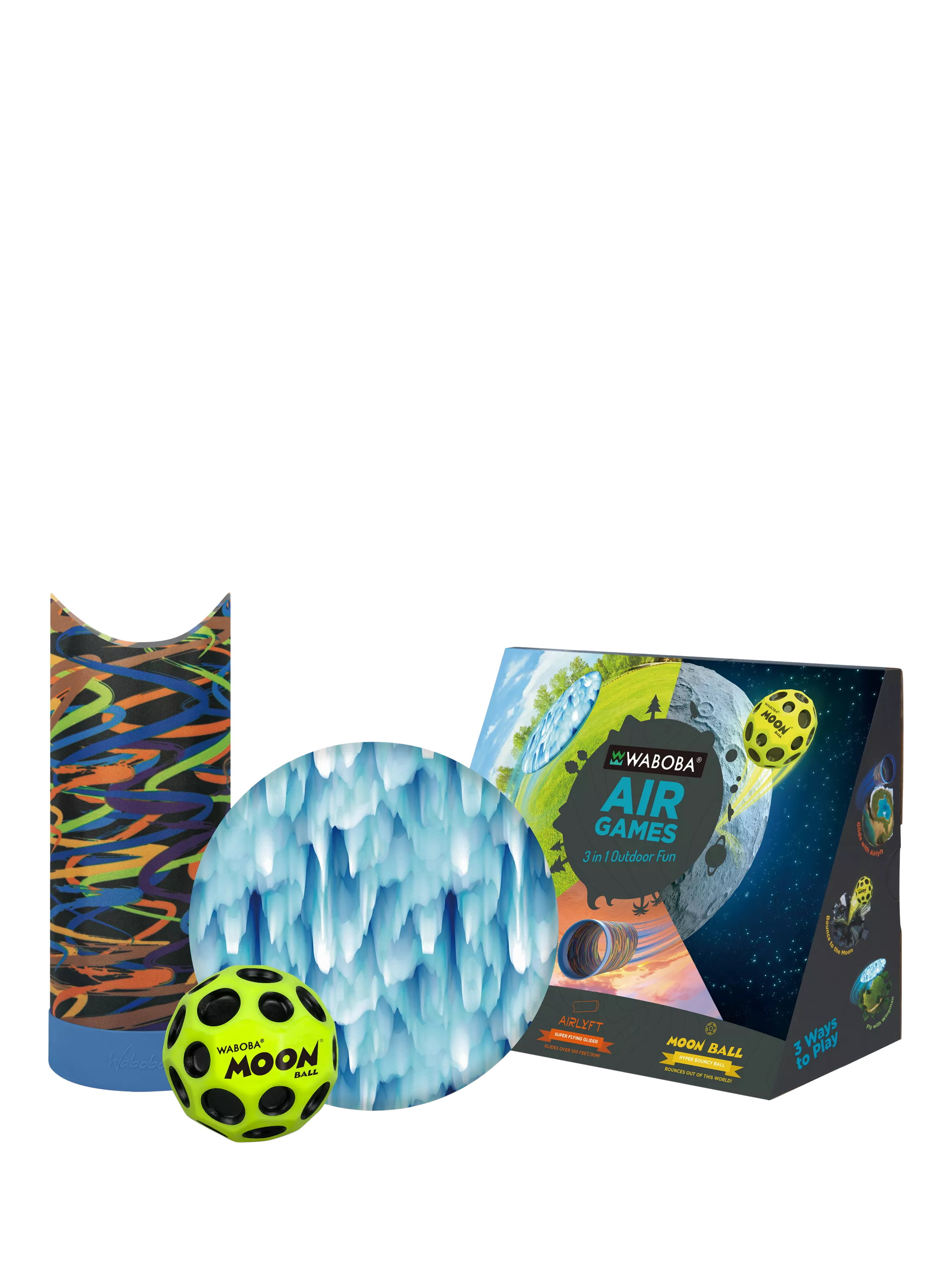 Waboba air games set with Wingman, Airlyft, and Moon Ball toys (British brand)