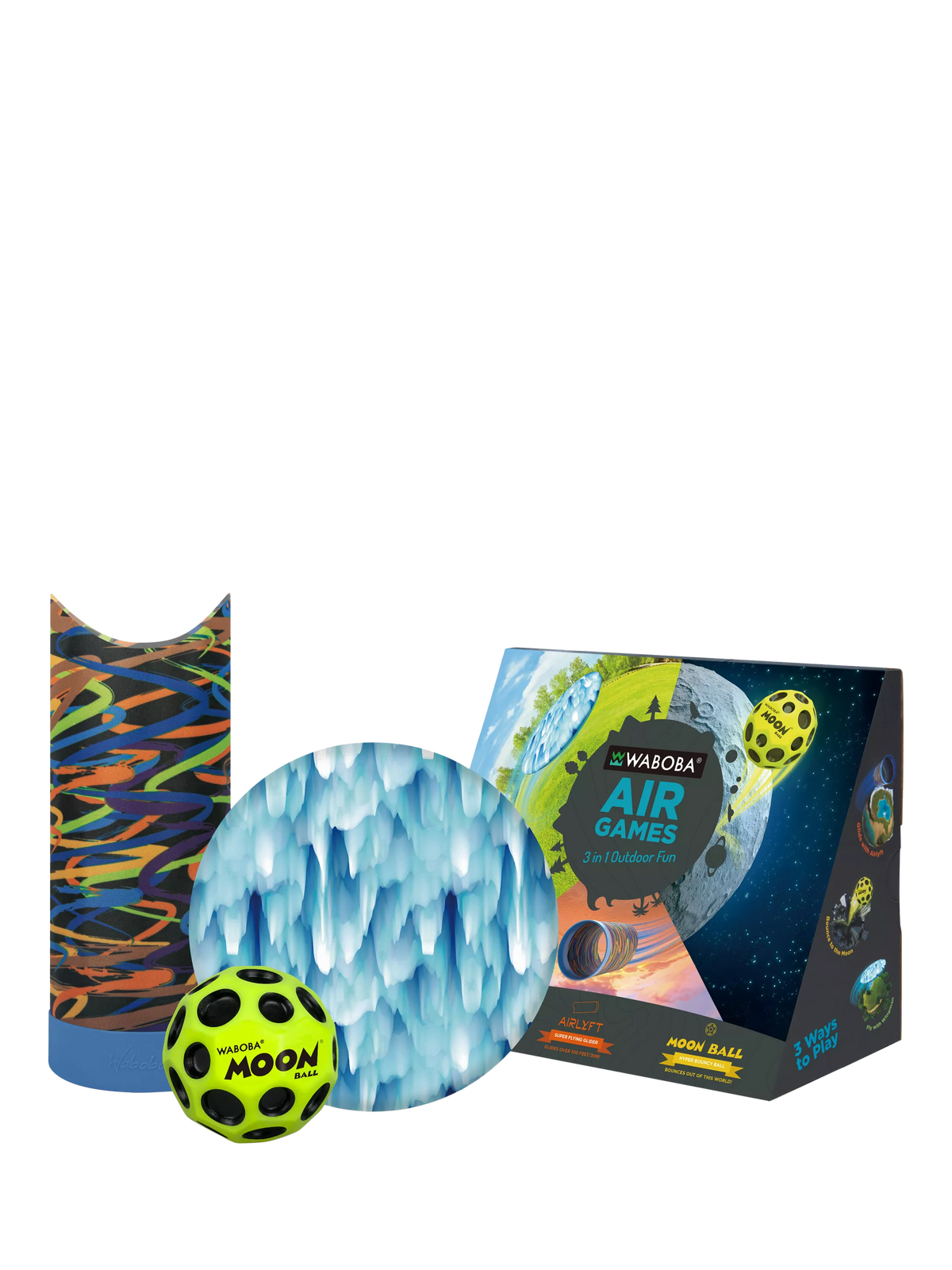 Waboba air games set with Wingman, Airlyft, and Moon Ball toys (British brand)