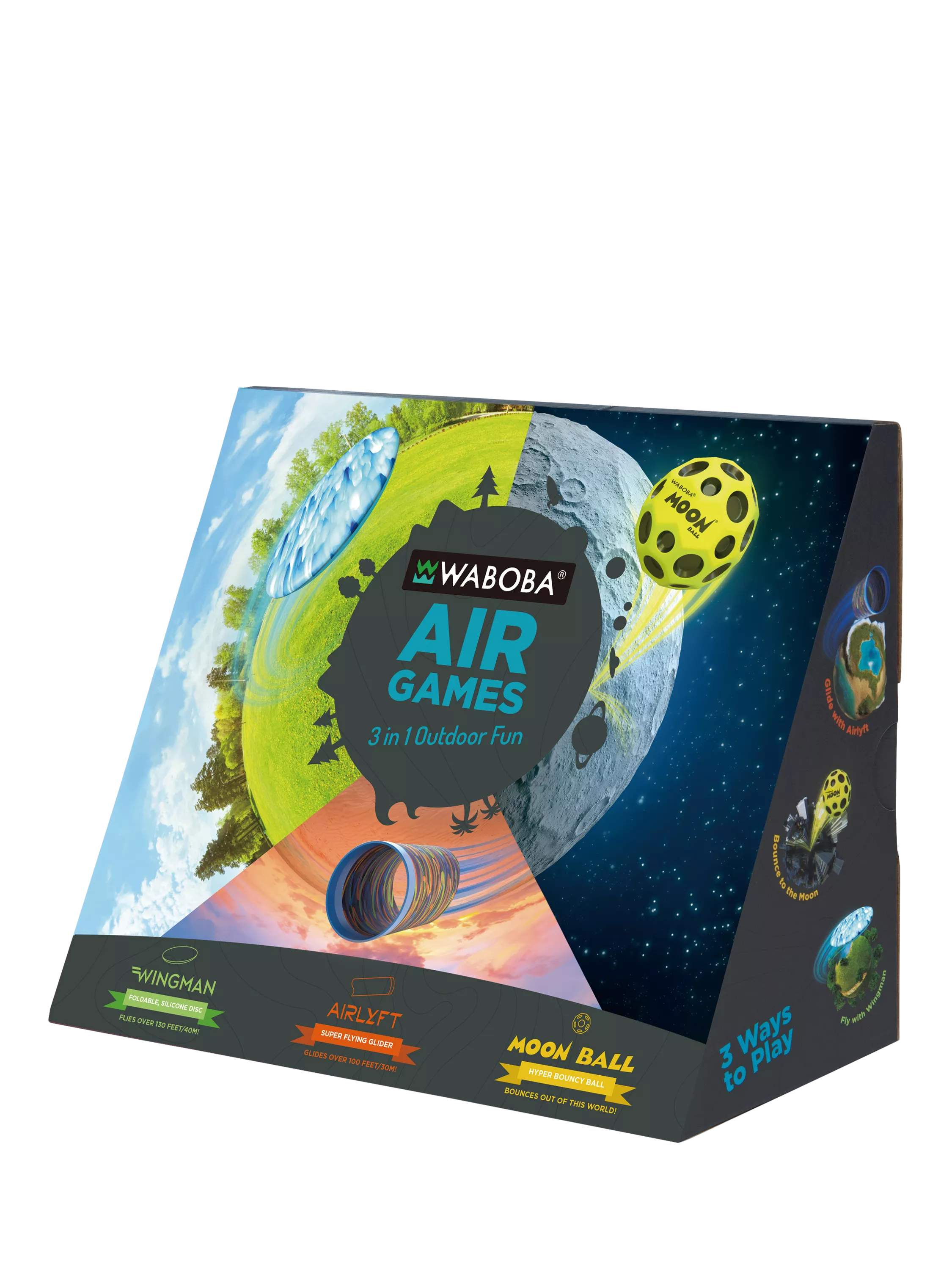 Waboba air games set with Wingman, Airlyft, and Moon Ball toys (British brand)