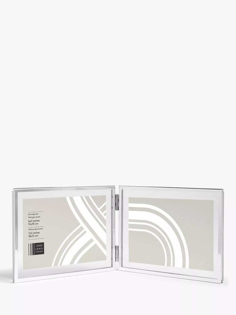 John Lewis Horizontal Folding Double Photo Frame & Glass Border, 4 x 6" (10 x 15cm), Silver Plated