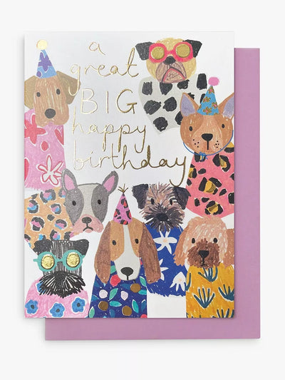 Grande carte Joyeux Anniversaire avec un motif de chiens, vierge à l'intérieur, certifiée FSC et enveloppe violette