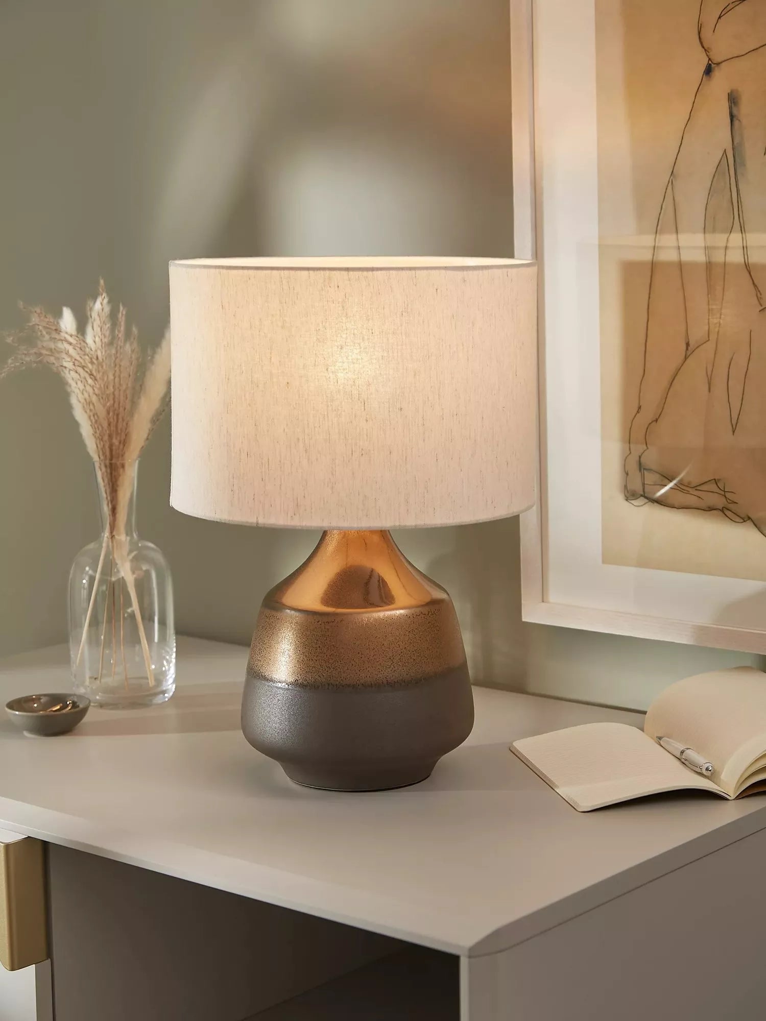 John Lewis Delaney ceramic table lamp bronze glaze, UK version
