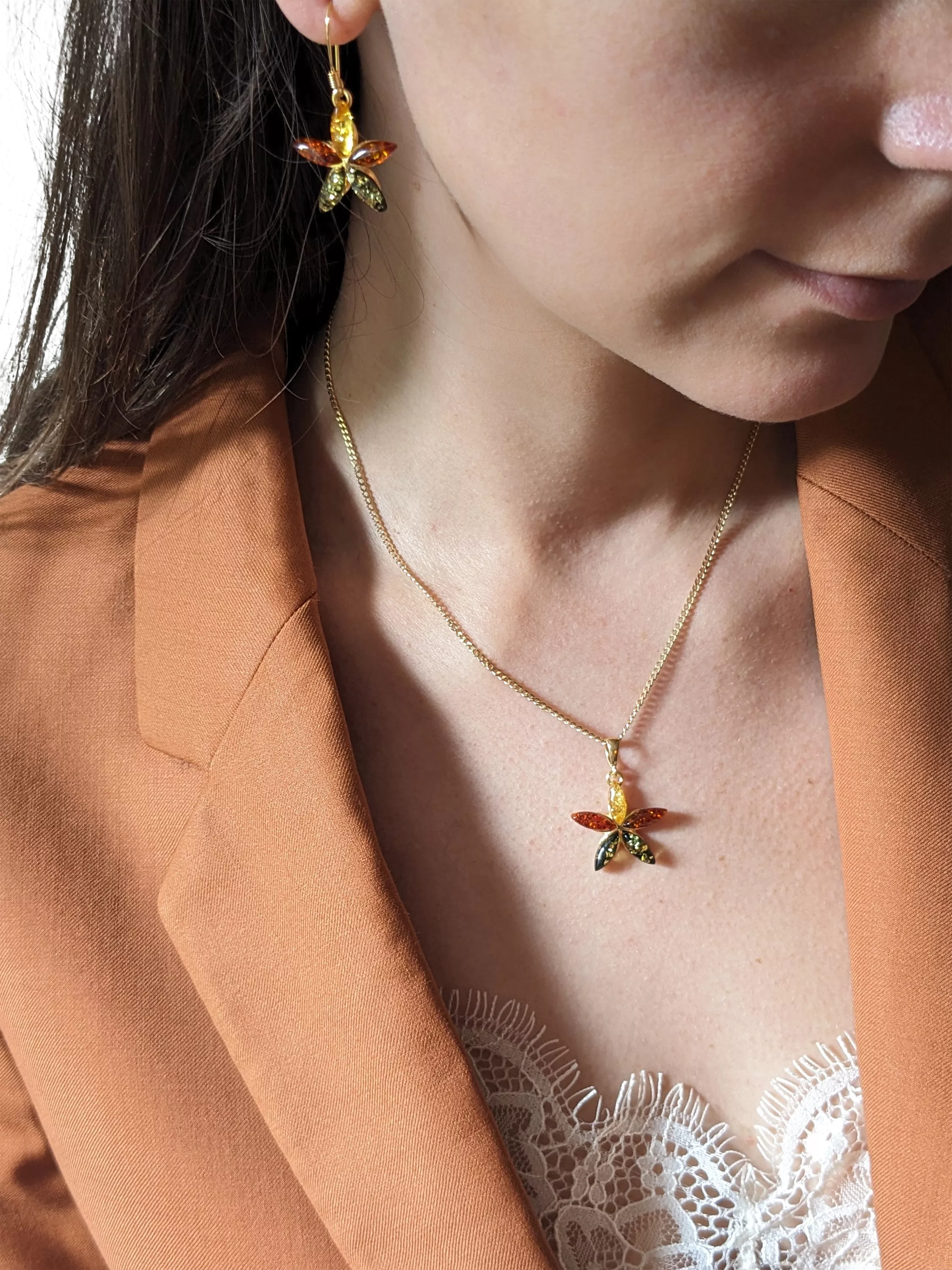 Be-Jewelled amber flower drop earrings gold plated silver, British product