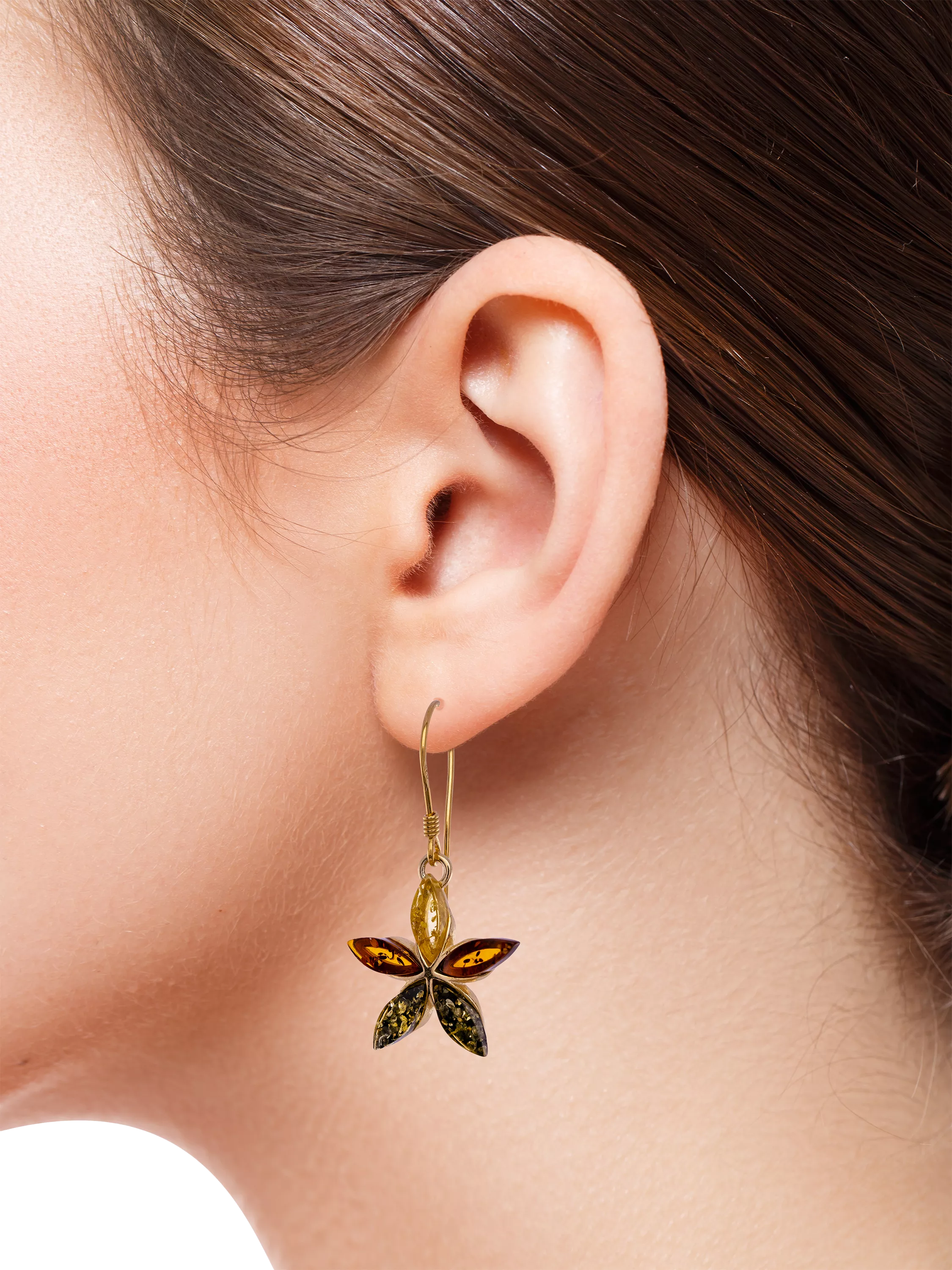 Be-Jewelled amber flower drop earrings gold plated silver, British product