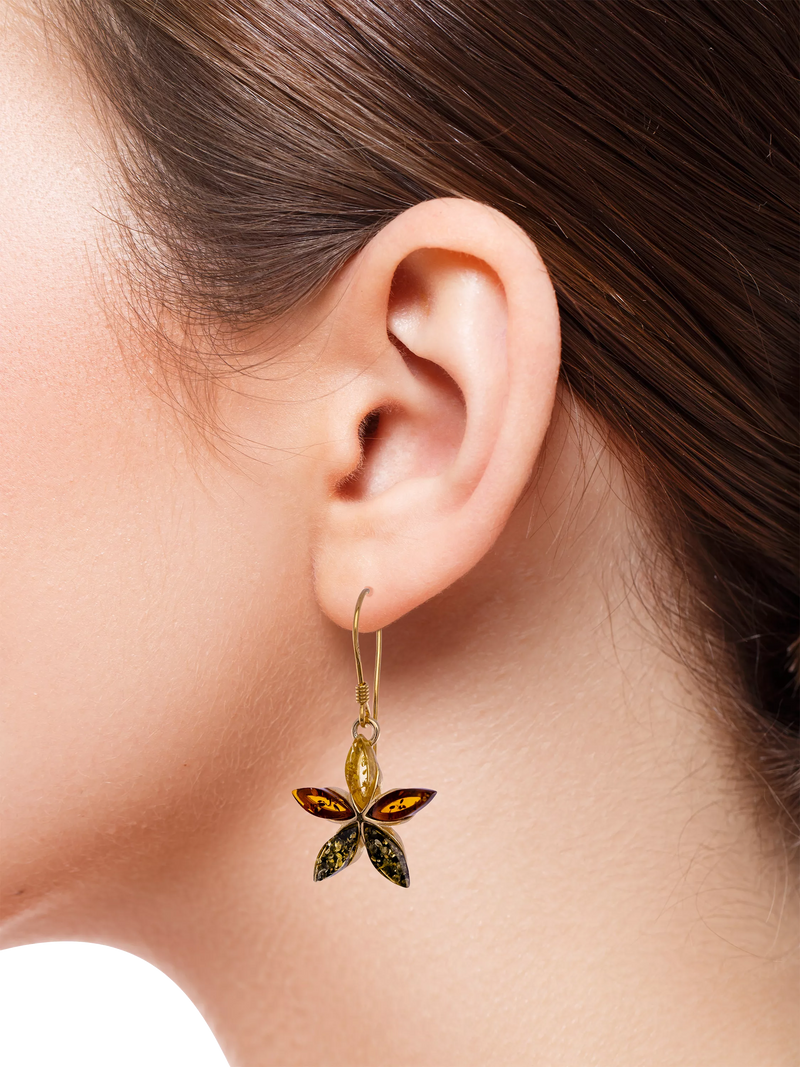 Be-Jewelled amber flower drop earrings gold plated silver, British product
