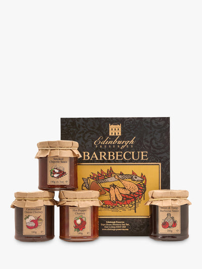 Barbecue-Konfitüren-Set mit Tangy-Sauce, geräuchertem Chipotle und scharfem Pfeffer-Chutney 750g
