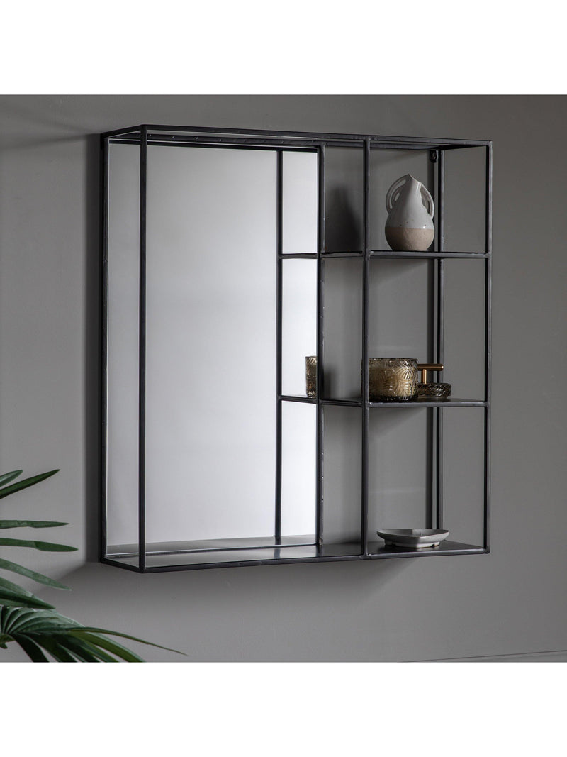 Gallery Direct Lombardy black wall mirror with shelves 65x60cm, imported from the UK