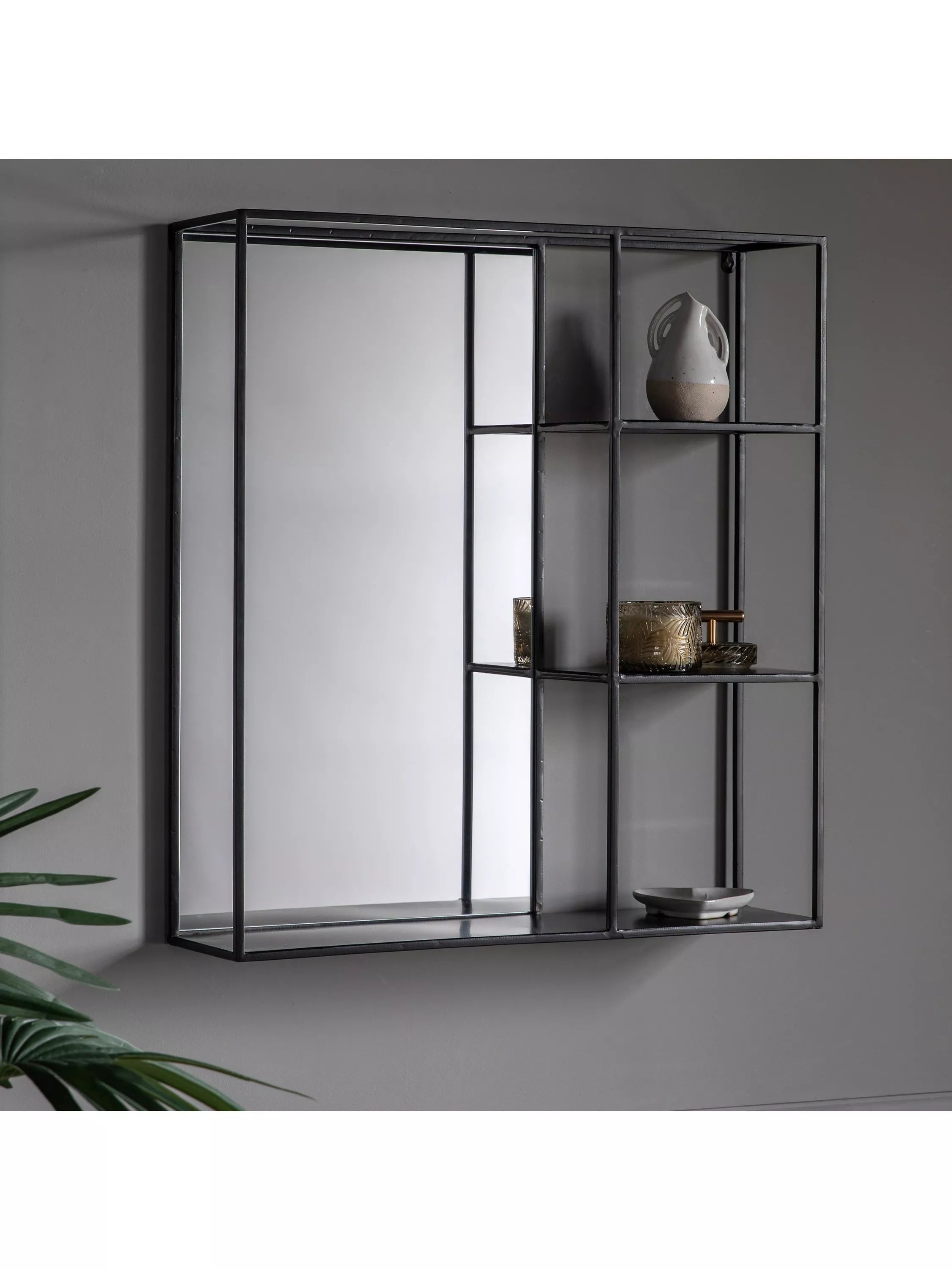 Gallery Direct Lombardy black wall mirror with shelves 65x60cm, imported from the UK