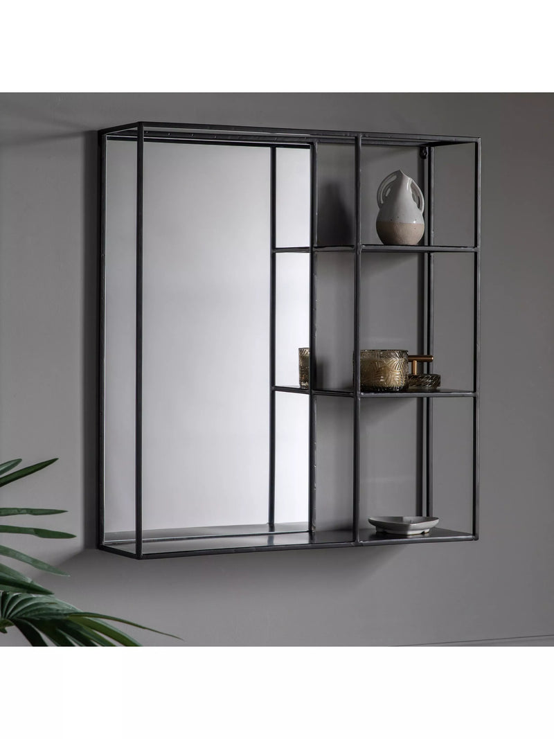 Gallery Direct Lombardy black wall mirror with shelves 65x60cm, imported from the UK
