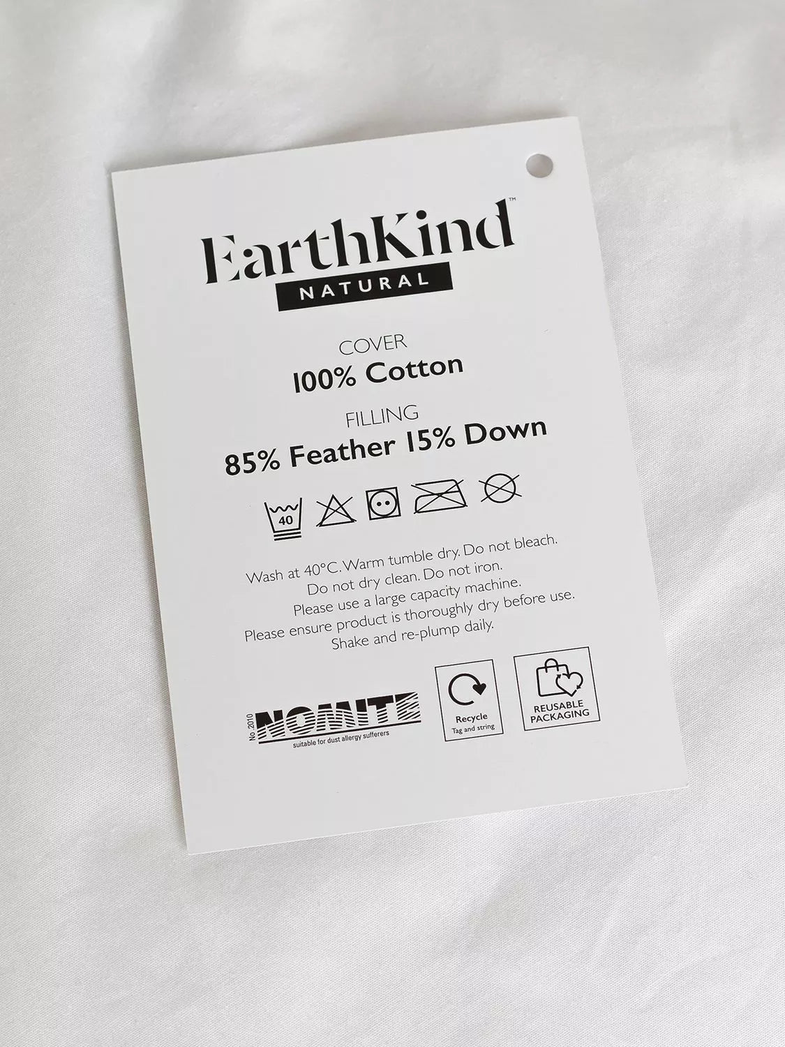 EarthKind recycled feather down medium pillow standard, imported from the UK