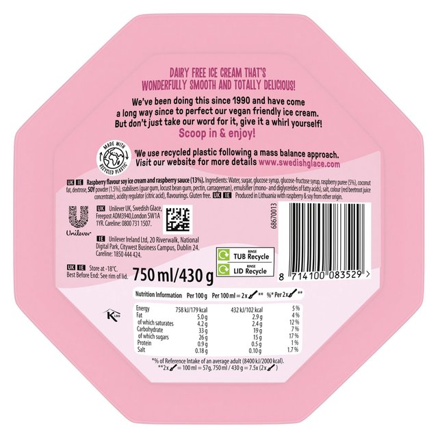 Swedish Glace Dairy Free Delightful Raspberry Vegan Ice Cream Tub    750ml GOODS M&S   