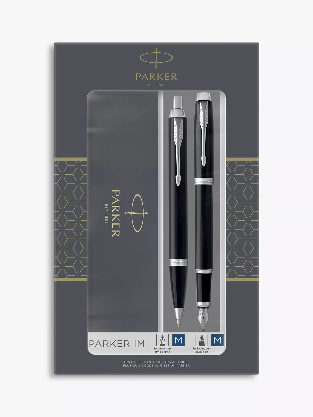 Parker IM black chrome trim ballpoint and fountain pen set, UK version