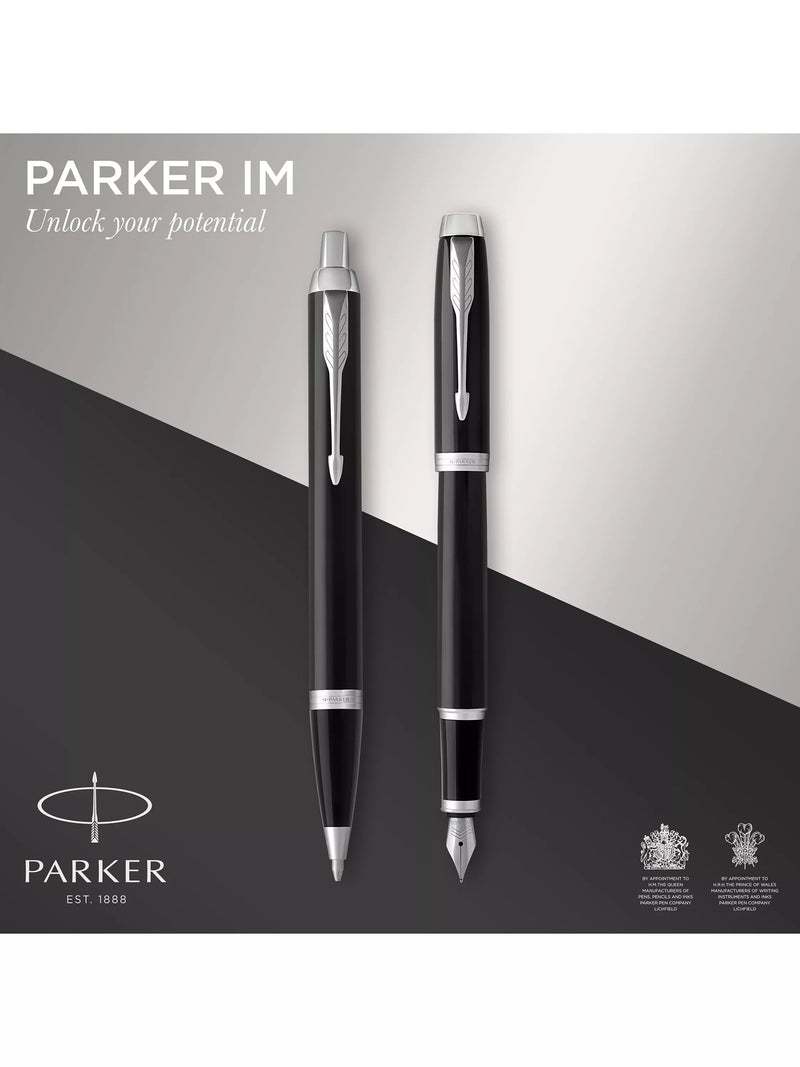 Parker IM black chrome trim ballpoint and fountain pen set, UK version