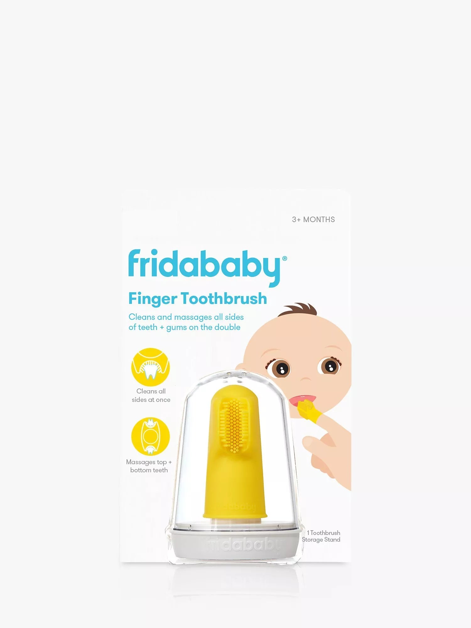 Fridababy baby finger toothbrush with triple-angled brush head and storage stand - British product
