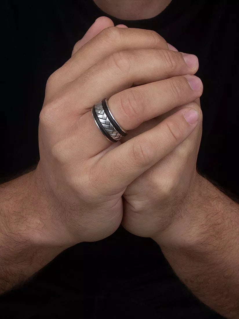 Hoxton London leather herringbone band ring silver and black - British brand