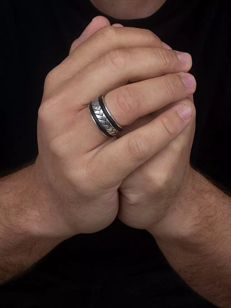 Hoxton London leather herringbone band ring silver and black - British brand