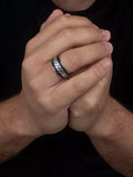 Hoxton London leather herringbone band ring silver and black - British brand