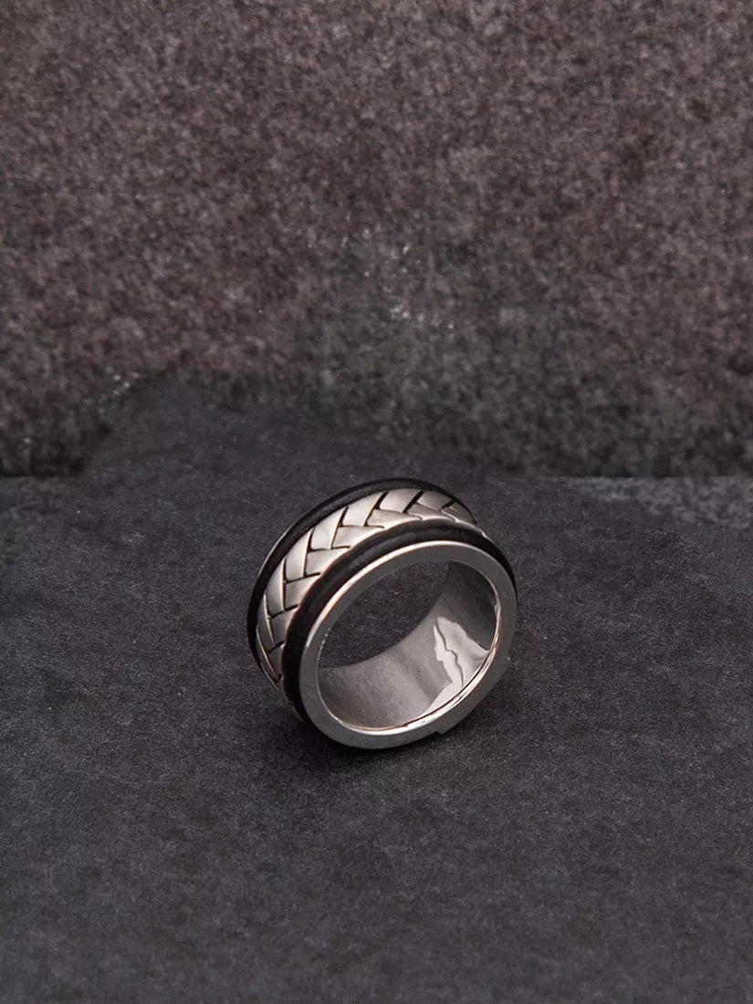 Hoxton London leather herringbone band ring silver and black - British brand