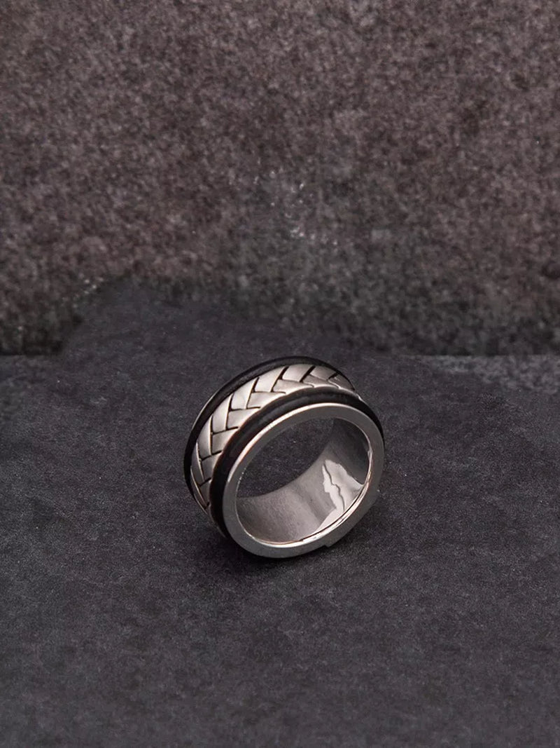 Hoxton London leather herringbone band ring silver and black - British brand