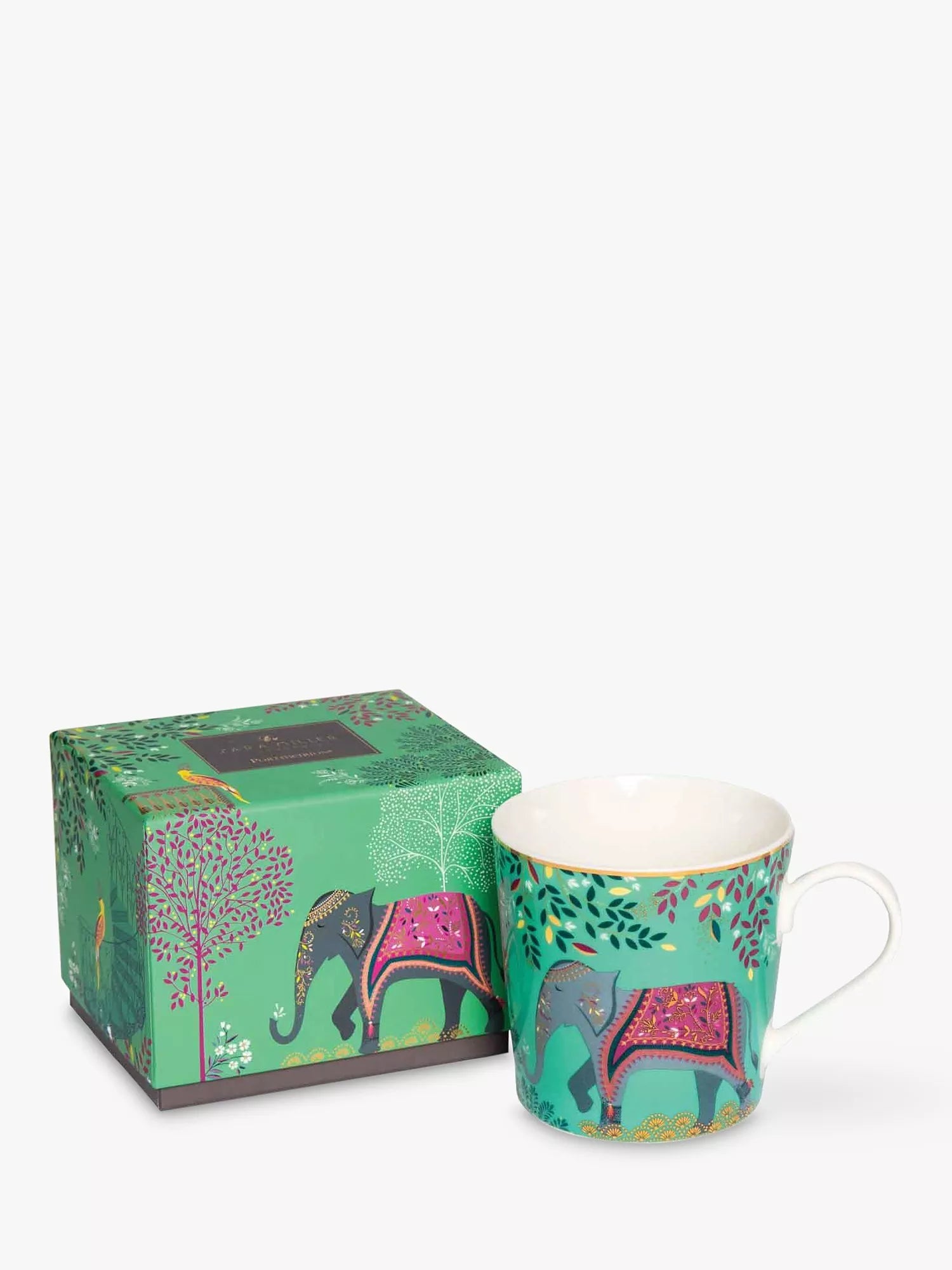 Sara Miller Elephants Oasis fine china mug Jade/Multi 340ml (British brand)