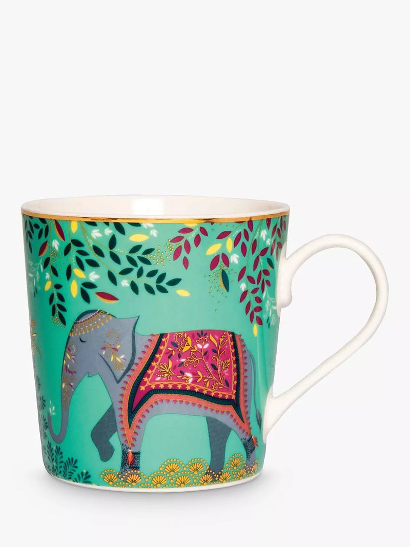 Sara Miller Elephants Oasis fine china mug Jade/Multi 340ml (British brand)