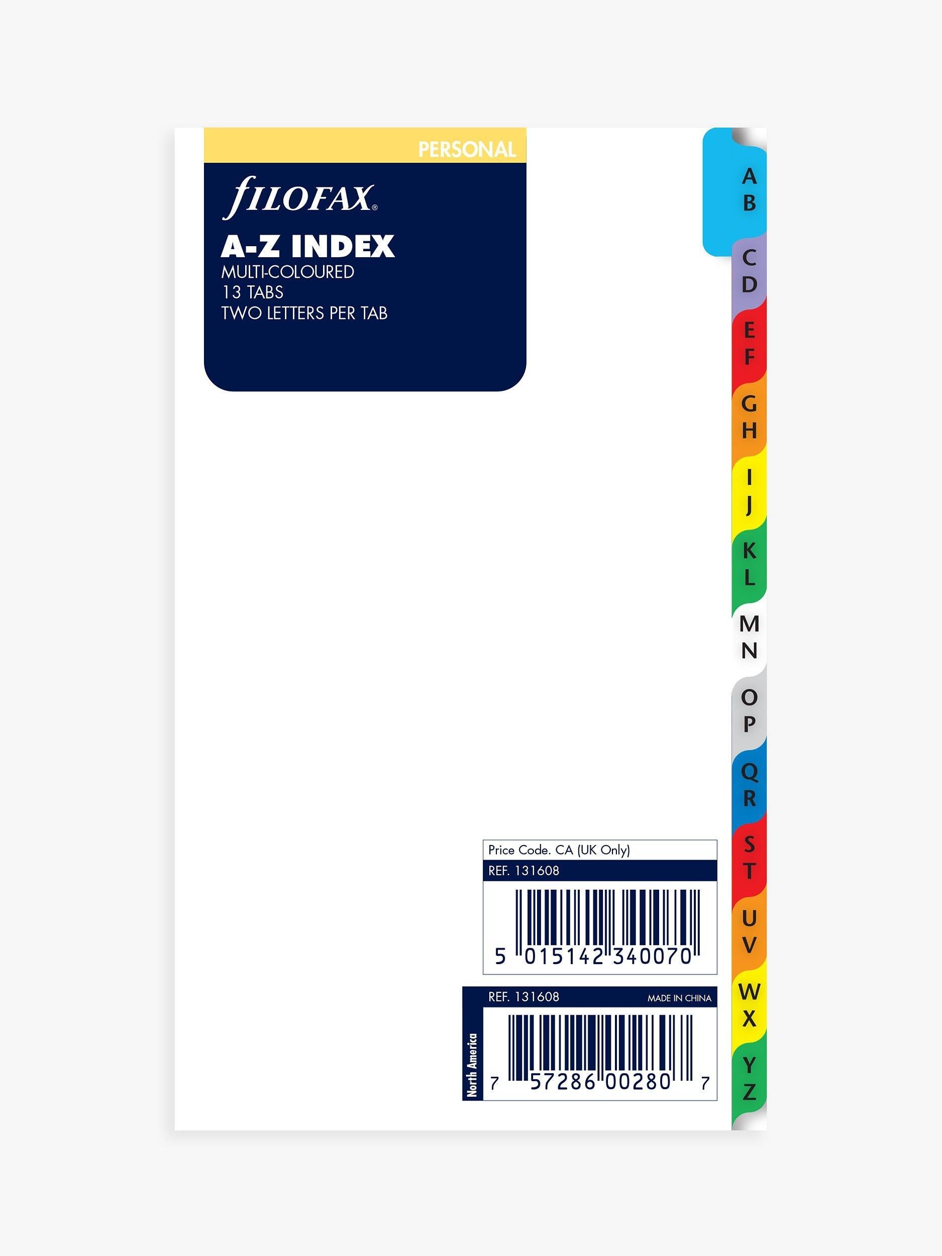 Filofax A-Z index dividers with two letters per tab for personal organiser - British product
